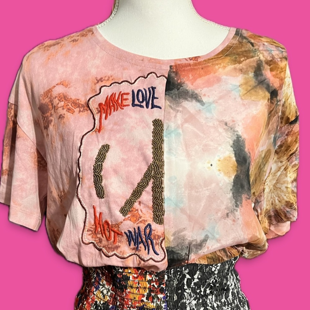 Desigual Dress Asymmetric patch print - beaded (Make Love Not War )Small NWT - Picture 2 of 15